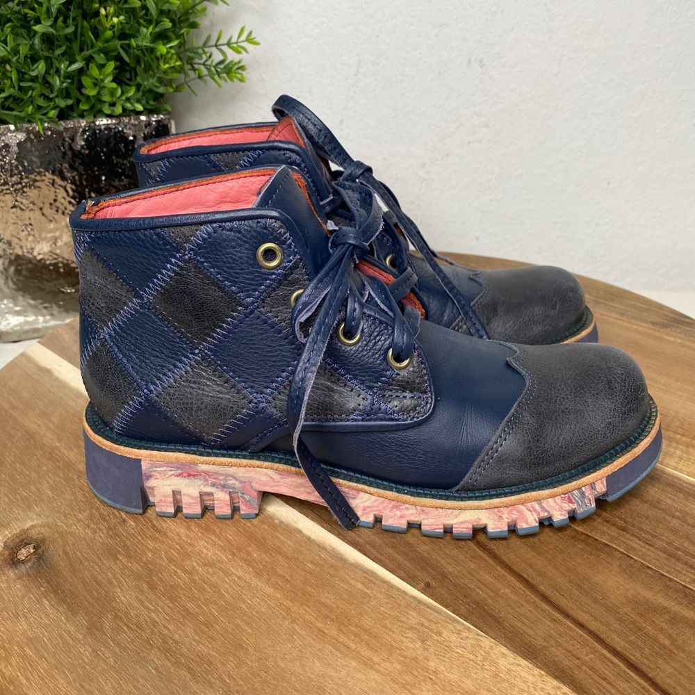 Rauch Sloggy Argentinien Blue Leather Patchwork Wingtip Ankle Boots Chunky Sz‎ 6